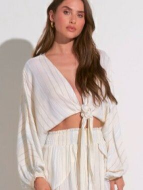 Elan Striped Tie-Front Lightweight Cardigan in Cream and Light Blue